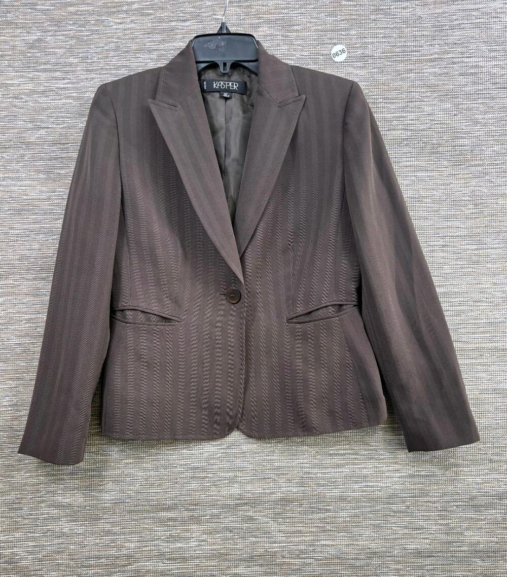 Kasper Blazer Jacket Womens Size 6P Brown Stripe Single Breasted One Buttons